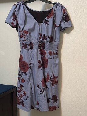 eShakti women's Sz 10 flower print smock waist dress pockets shoulder ties NWOT